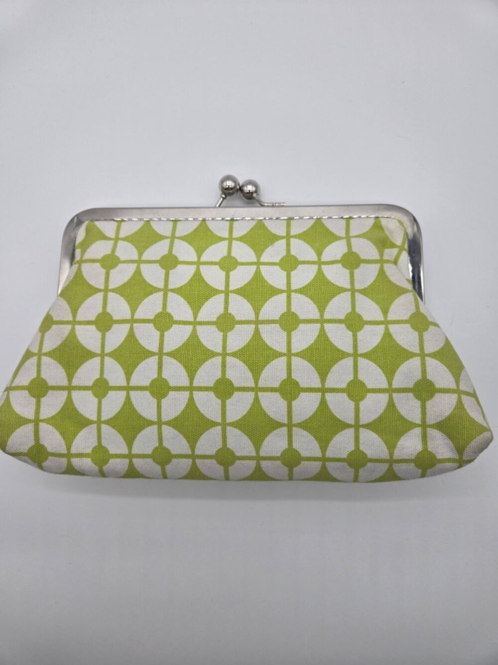Lime Green White Geometric Kisslock Clutch Purse Silver Frame Retro Evening Bag